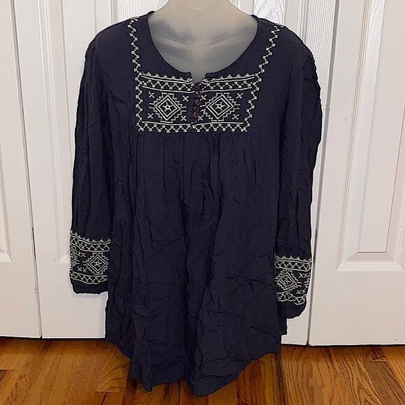 Decorated Originals Navy Hippie Boho Embroidered Top Blouse Shirt Large L - Picture 1 of 5